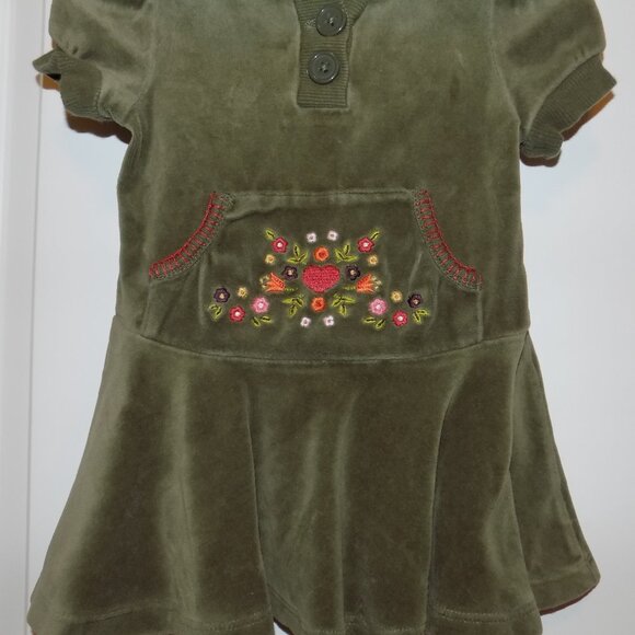 GYMBOREE Harvest Leaves Green Velour Hoodie Dress 6-12M Fall Autumn Thanksgiving - Picture 2 of 3